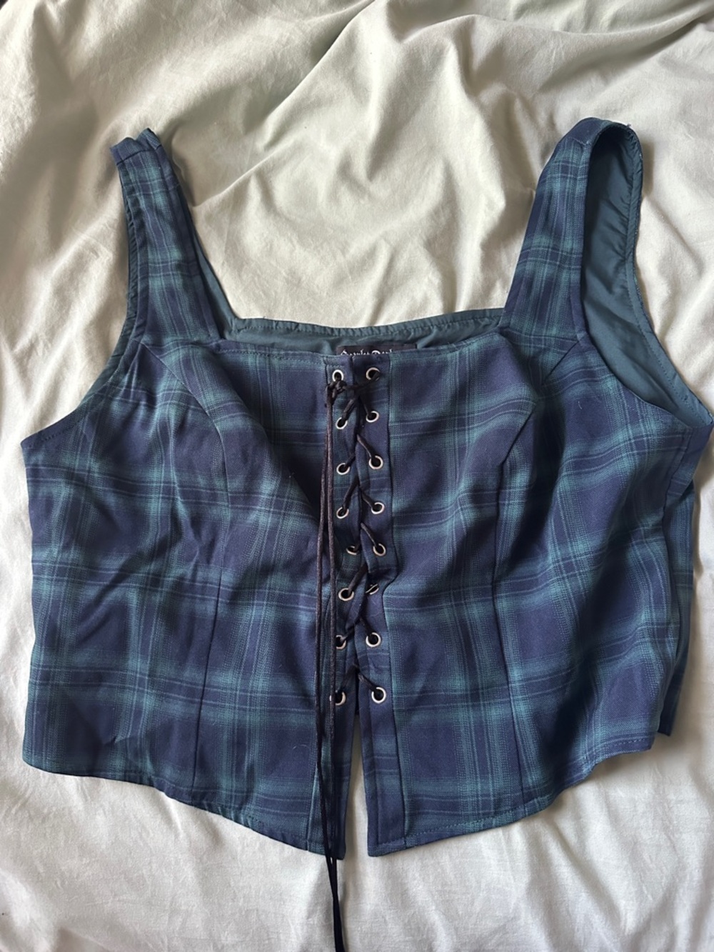 Plaid Lace-Up Corset Top – Navy/Green